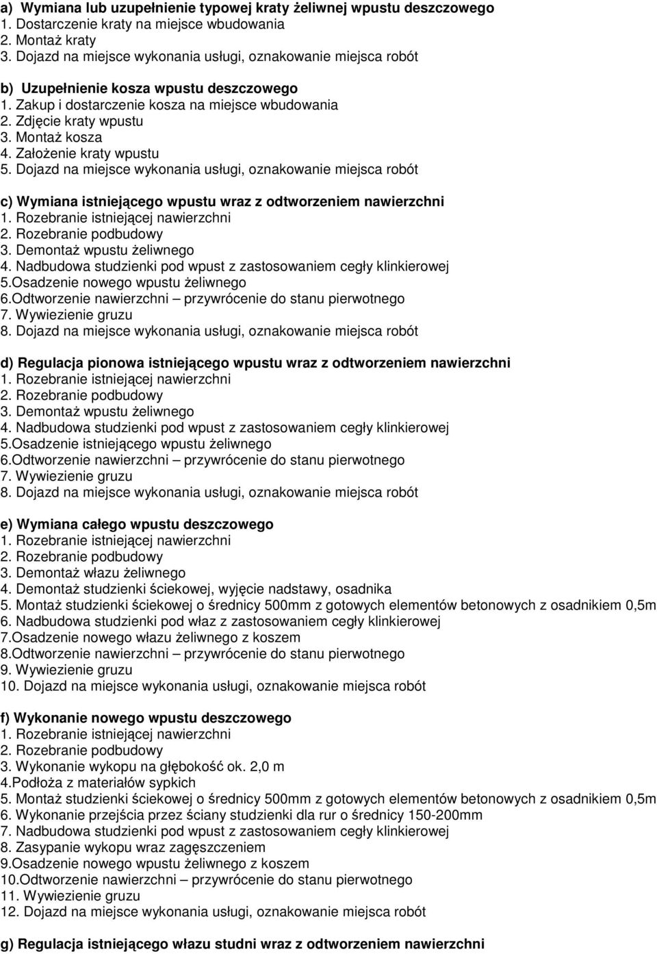 ZałoŜenie kraty wpustu 5. Dojazd na miejsce wykonania usługi, oznakowanie miejsca robót c) Wymiana istniejącego wpustu wraz z odtworzeniem nawierzchni 3. DemontaŜ wpustu Ŝeliwnego 4.