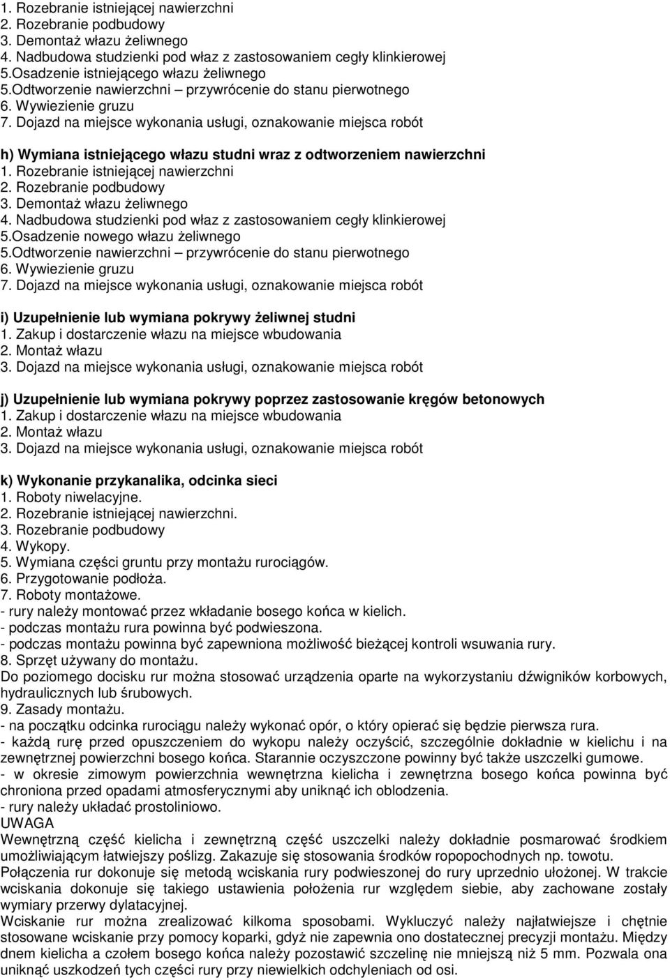 Nadbudowa studzienki pod właz z zastosowaniem cegły klinkierowej 5.Osadzenie nowego włazu Ŝeliwnego 5.Odtworzenie nawierzchni przywrócenie do stanu pierwotnego 6. Wywiezienie gruzu 7.