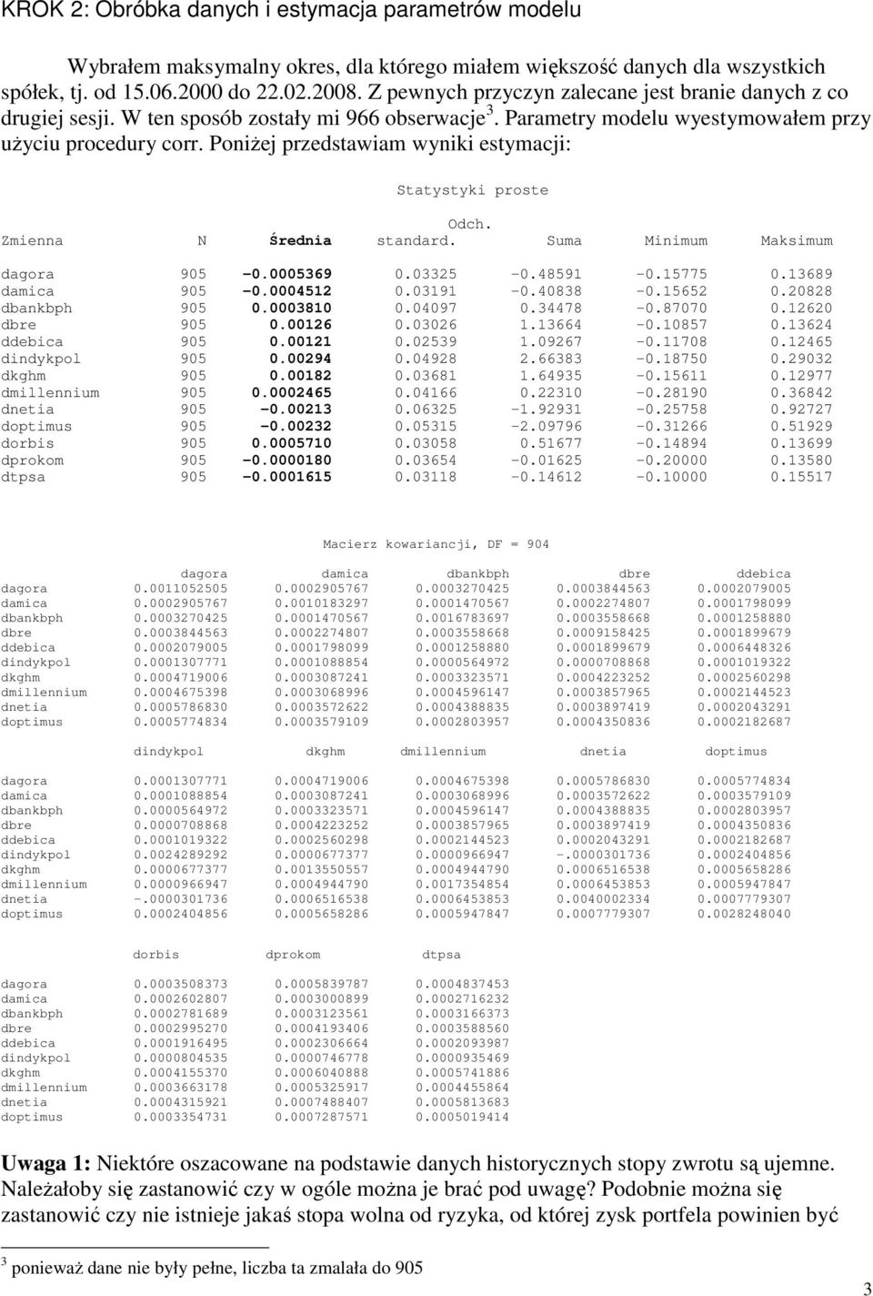 PoniŜej przedstawiam wyniki estymacji: Statystyki proste Odch. Zmienna N Średnia standard. Suma Minimum Maksimum dagora 905-0.0005369 0.03325-0.48591-0.15775 0.13689 damica 905-0.0004512 0.03191-0.