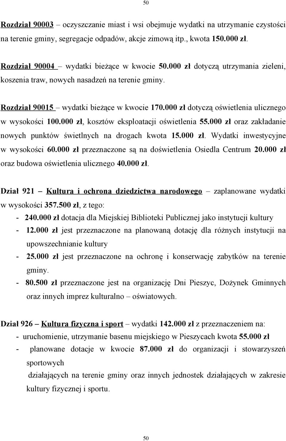 000 zł dotyczą oświetlenia ulicznego w wysokości 100.000 zł, kosztów eksploatacji oświetlenia 55.000 zł oraz zakładanie nowych punktów świetlnych na drogach kwota 15.000 zł. Wydatki inwestycyjne w wysokości 60.