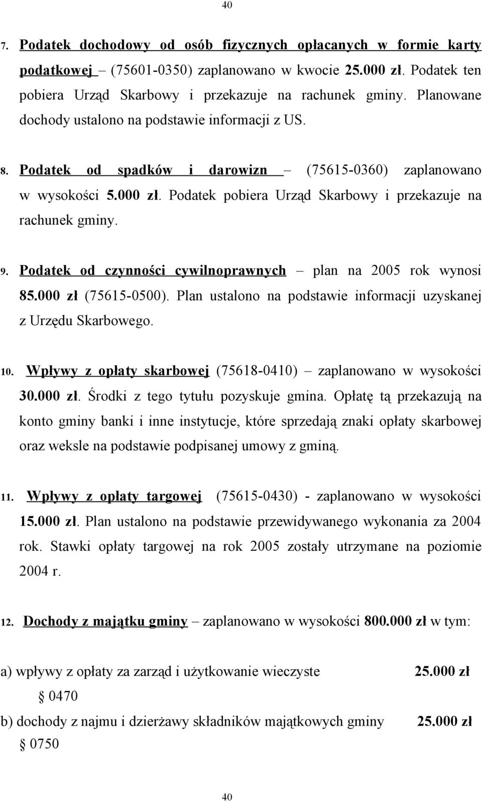 9. Podatek od czynności cywilnoprawnych plan na 2005 rok wynosi 85.000 zł (75615-0500). Plan ustalono na podstawie informacji uzyskanej z Urzędu Skarbowego. 10.