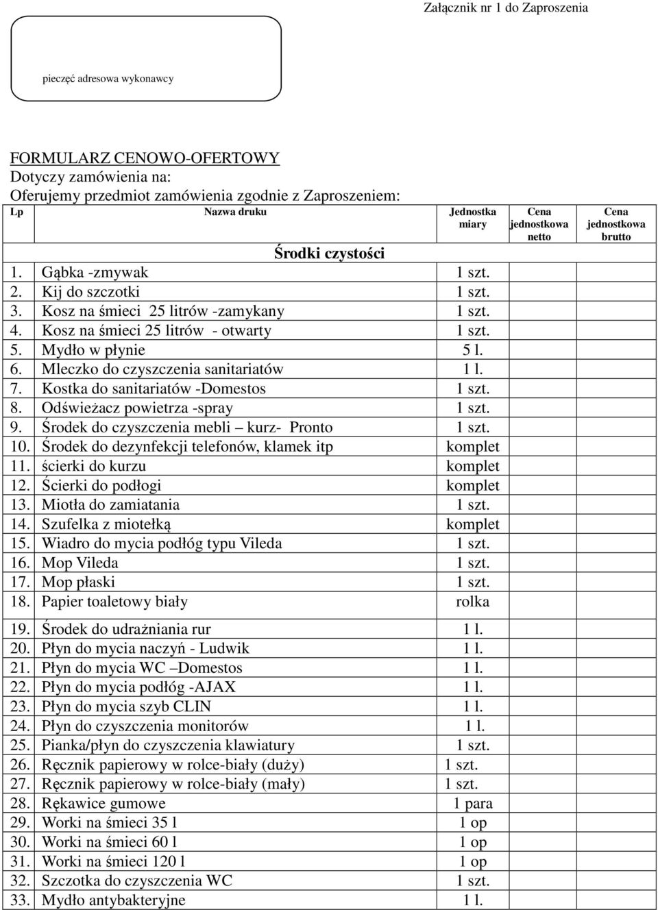 Mleczko do czyszczenia sanitariatów 1 l. 7. Kostka do sanitariatów -Domestos 1 szt. 8. Odświeżacz powietrza -spray 1 szt. 9. Środek do czyszczenia mebli kurz- Pronto 1 szt. 10.