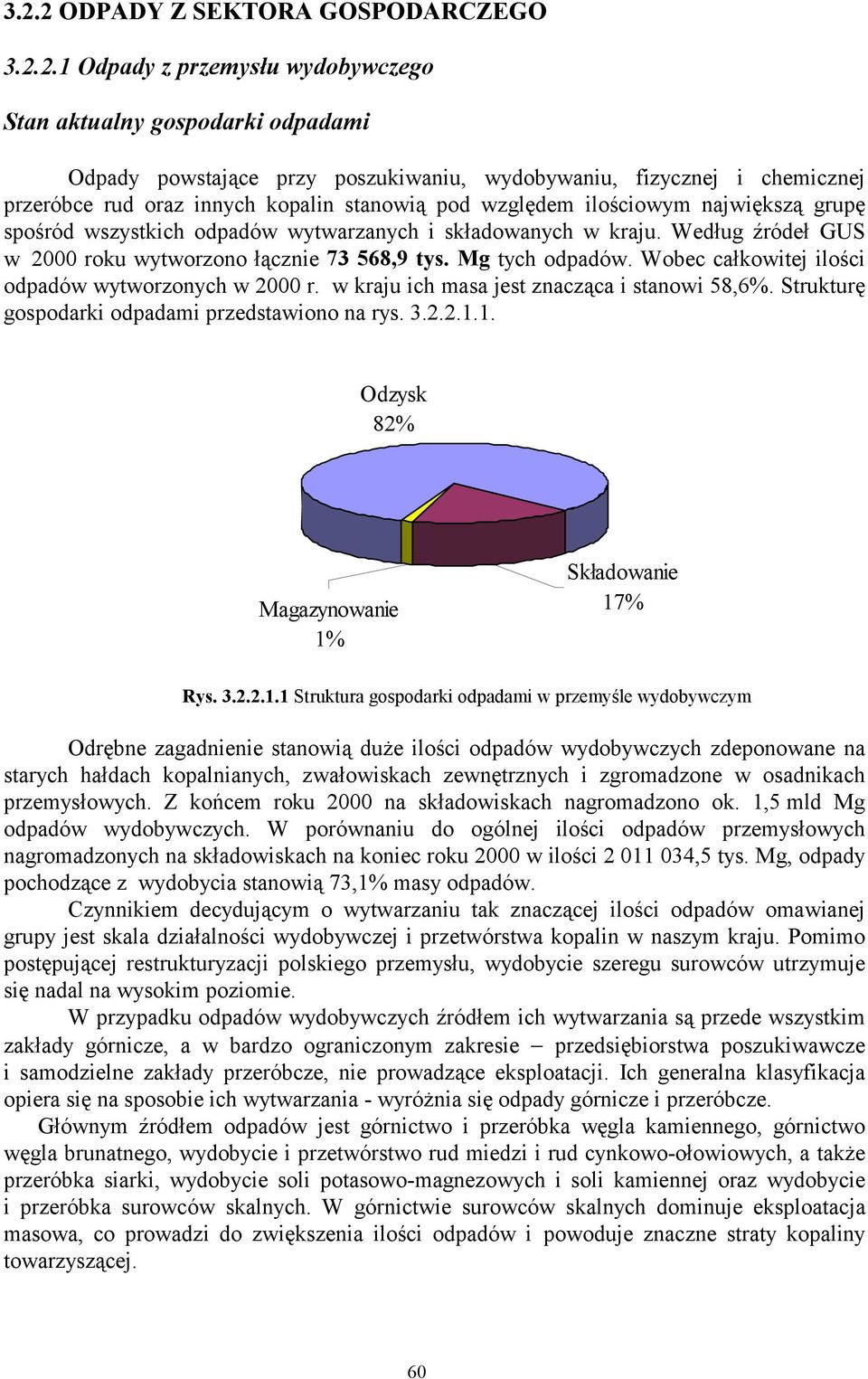 Mg tych odpadów. Wobec całkowitej ilości odpadów wytworzonych w 2000 r. w kraju ich masa jest znacząca i stanowi 58,6%. Strukturę gospodarki odpadami przedstawiono na rys. 3.2.2.1.