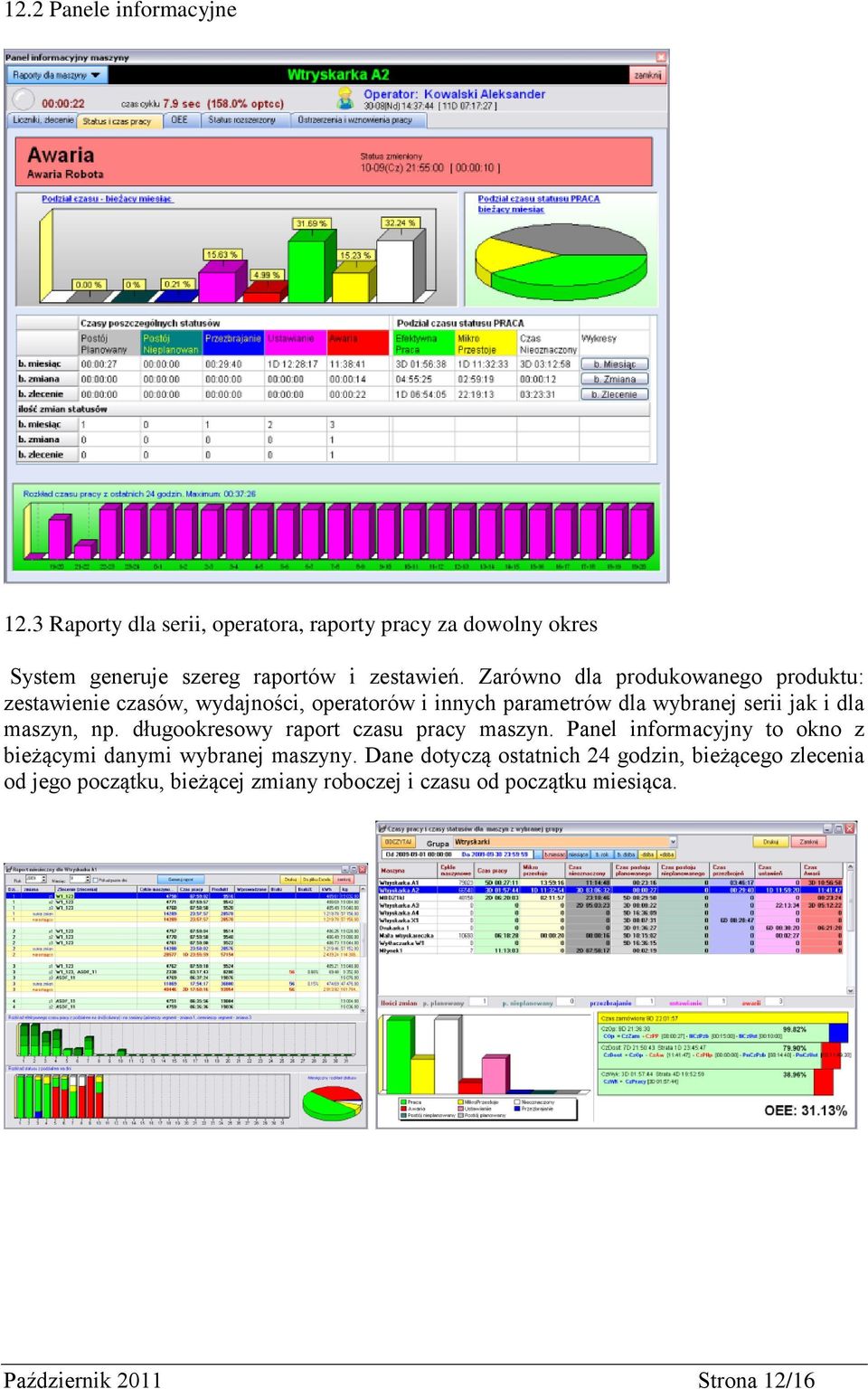 Zarówno dla produkowanego produktu: zestawienie czasów, wydajności, operatorów i innych parametrów dla wybranej serii jak i dla