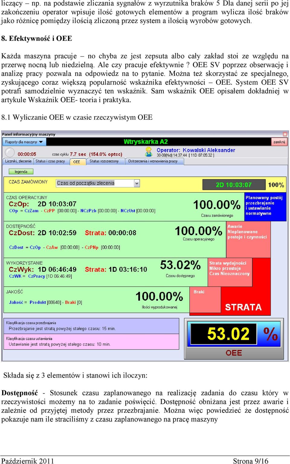 zliczoną przez system a ilością wyrobów gotowych. 8. Efektywność i OEE Każda maszyna pracuje no chyba ze jest zepsuta albo cały zakład stoi ze względu na przerwę nocną lub niedzielną.