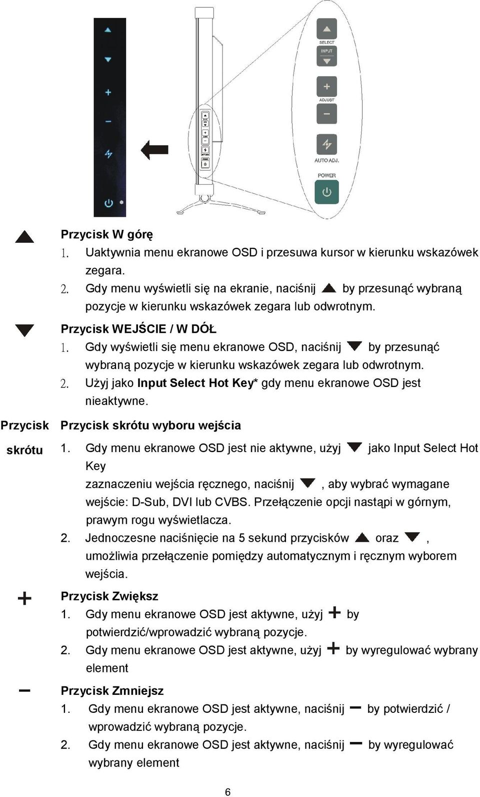 Gdy wyświetli się menu ekranowe OSD, naciśnij by przesunąć wybraną pozycje w kierunku wskazówek zegara lub odwrotnym. 2. Użyj jako Input Select Hot Key* gdy menu ekranowe OSD jest nieaktywne.