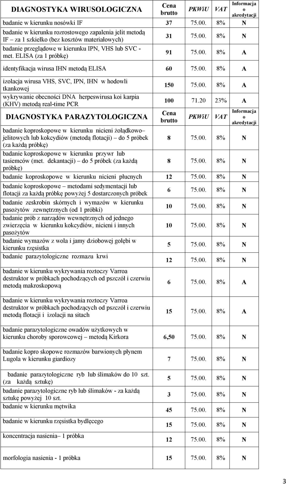 8% N 91 75.00. 8% A identyfikacja wirusa IHN metdą ELISA 60 75.00. 8% A izlacja wirusa VHS, SVC, IPN, IHN w hdwli tkankwej wykrywanie becnści DNA herpeswirusa ki karpia (KHV) metdą real-time PCR DIAGNOSTYKA PARAZYTOLOGICZNA 150 75.