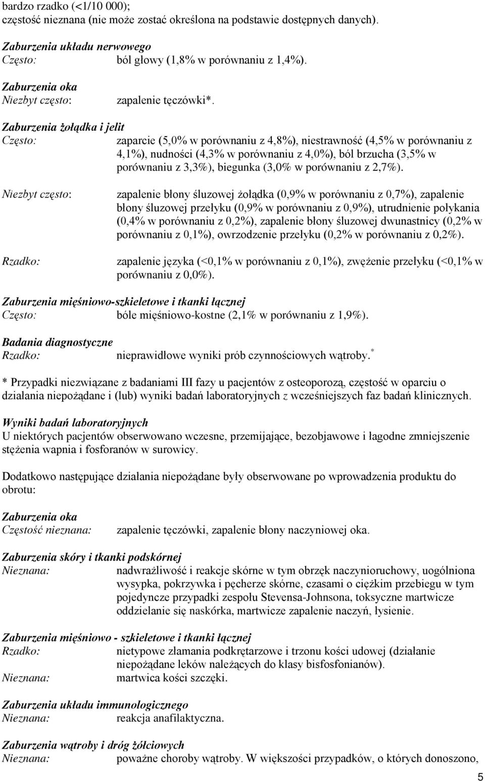 Zaburzenia żołądka i jelit Często: zaparcie (5,0% w porównaniu z 4,8%), niestrawność (4,5% w porównaniu z 4,1%), nudności (4,3% w porównaniu z 4,0%), ból brzucha (3,5% w porównaniu z 3,3%), biegunka