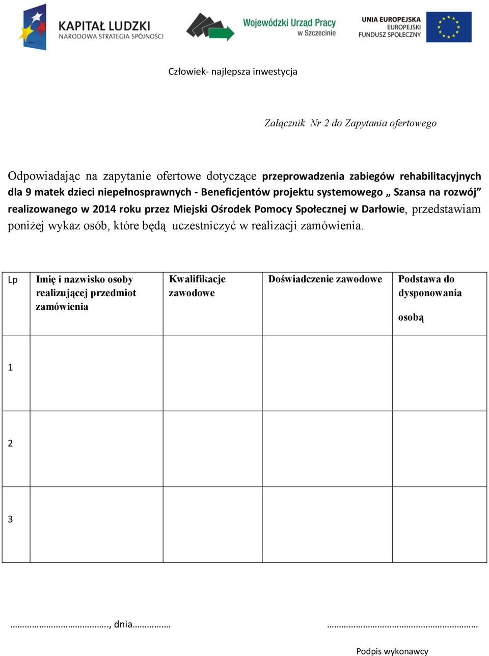 Pomocy Społecznej w Darłowie, przedstawiam poniżej wykaz osób, które będą uczestniczyć w realizacji zamówienia.