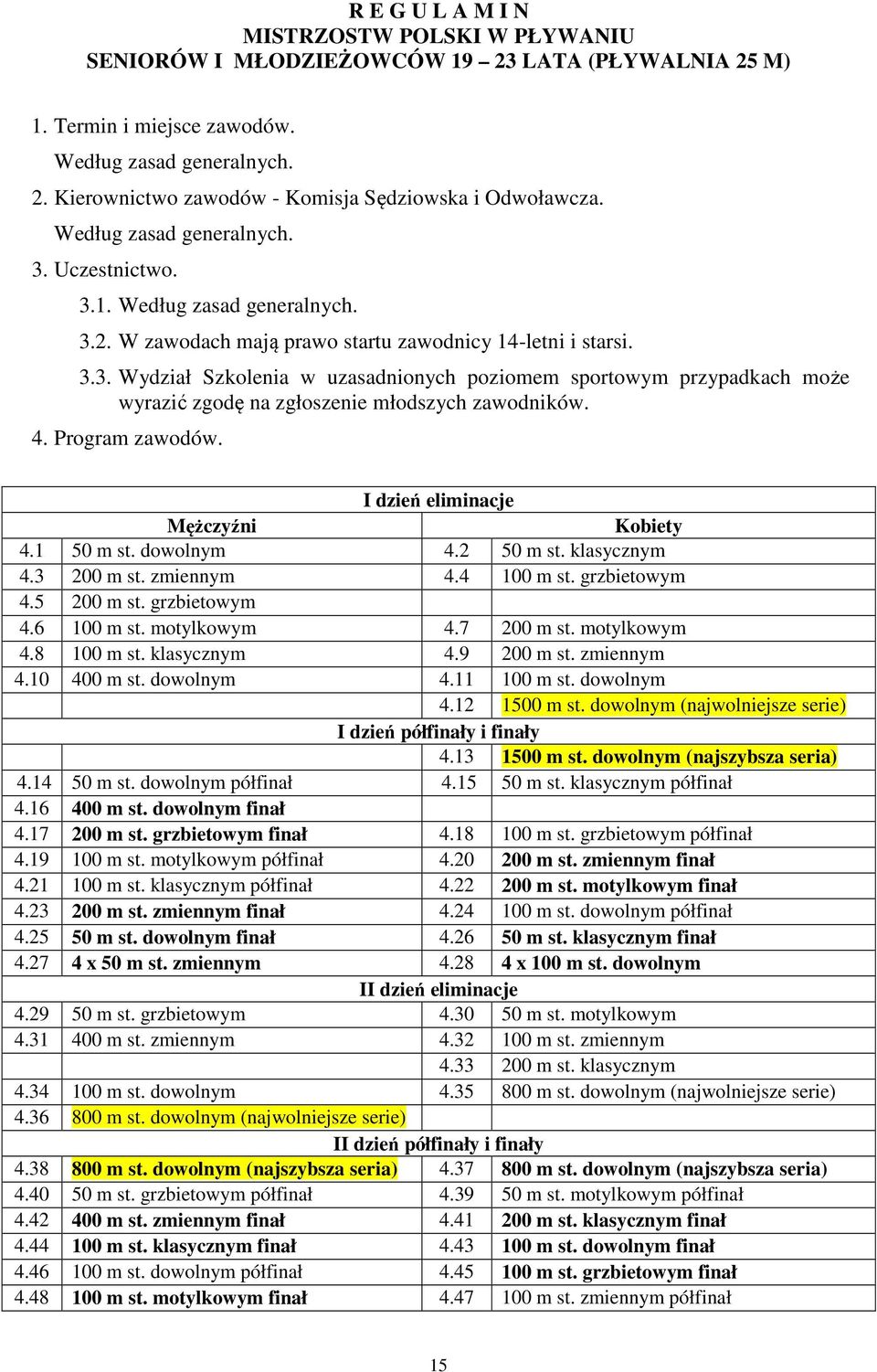 4. Program zawodów. I dzień eliminacje Mężczyźni Kobiety 4.1 50 m st. dowolnym 4.2 50 m st. klasycznym 4.3 200 m st. zmiennym 4.4 100 m st. grzbietowym 4.5 200 m st. grzbietowym 4.6 100 m st.