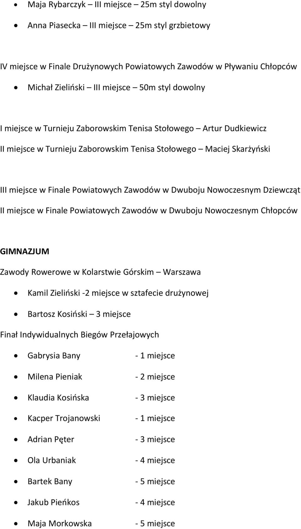 Nowoczesnym Dziewcząt II miejsce w Finale Powiatowych Zawodów w Dwuboju Nowoczesnym Chłopców GIMNAZJUM Zawody Rowerowe w Kolarstwie Górskim Warszawa Kamil Zieliński -2 miejsce w sztafecie drużynowej