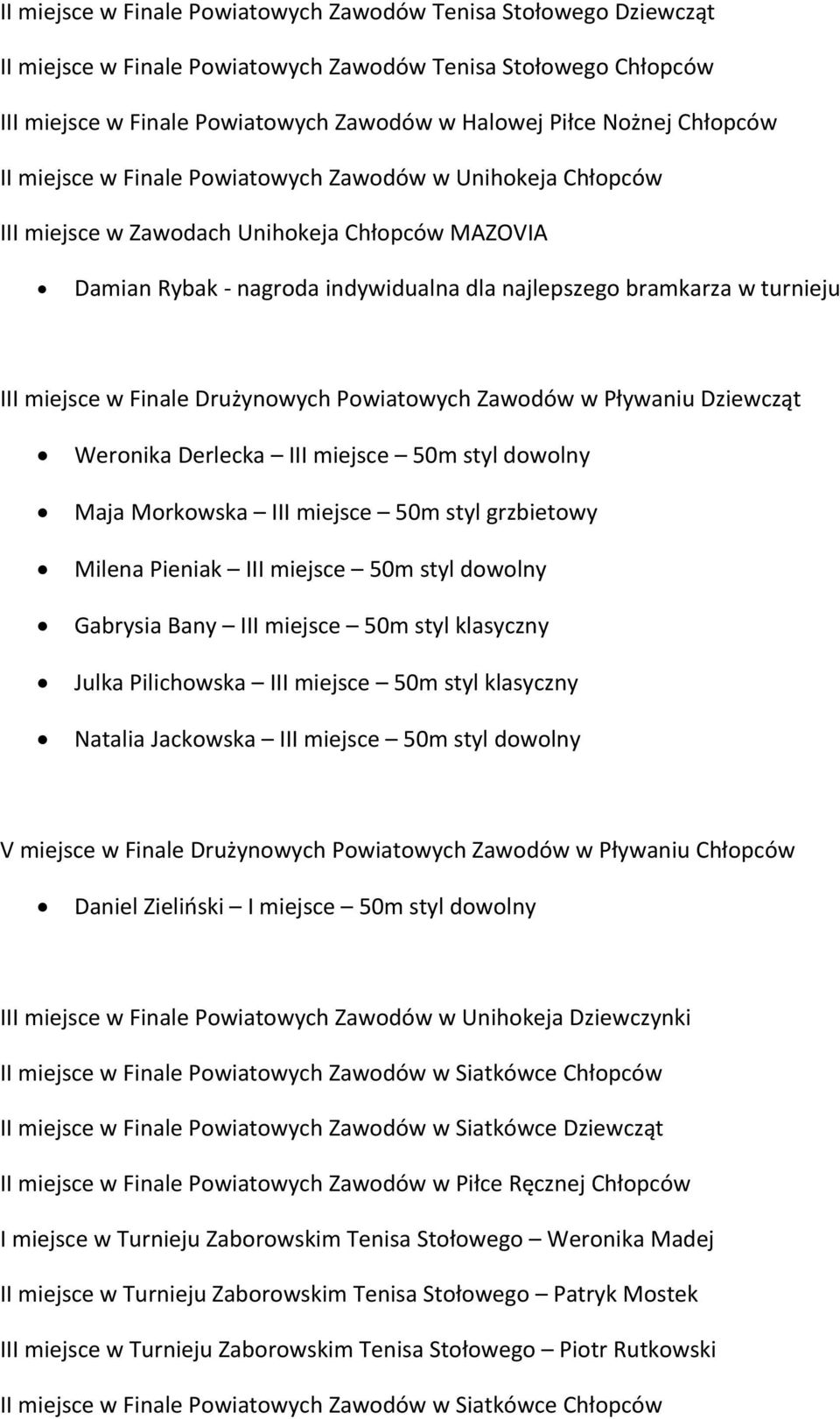 miejsce w Finale Drużynowych Powiatowych Zawodów w Pływaniu Dziewcząt Weronika Derlecka III miejsce 50m styl dowolny Maja Morkowska III miejsce 50m styl grzbietowy Milena Pieniak III miejsce 50m styl