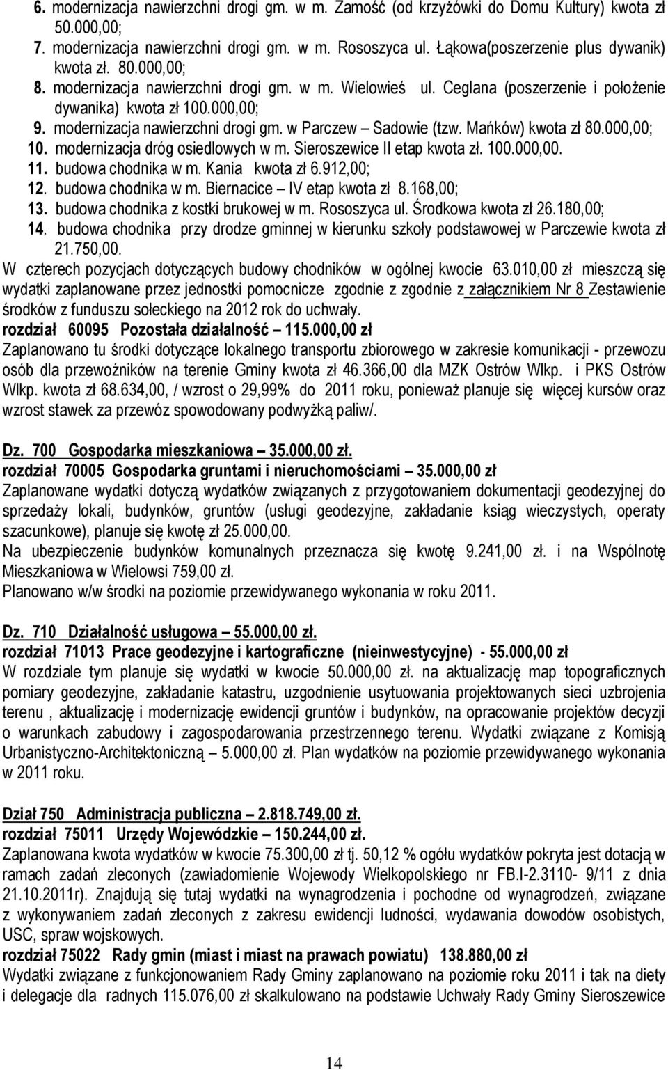 Mańków) kwota zł 80.000,00; 10. modernizacja dróg osiedlowych w m. Sieroszewice II etap kwota zł. 100.000,00. 11. budowa chodnika w m. Kania kwota zł 6.912,00; 12. budowa chodnika w m. Biernacice IV etap kwota zł 8.