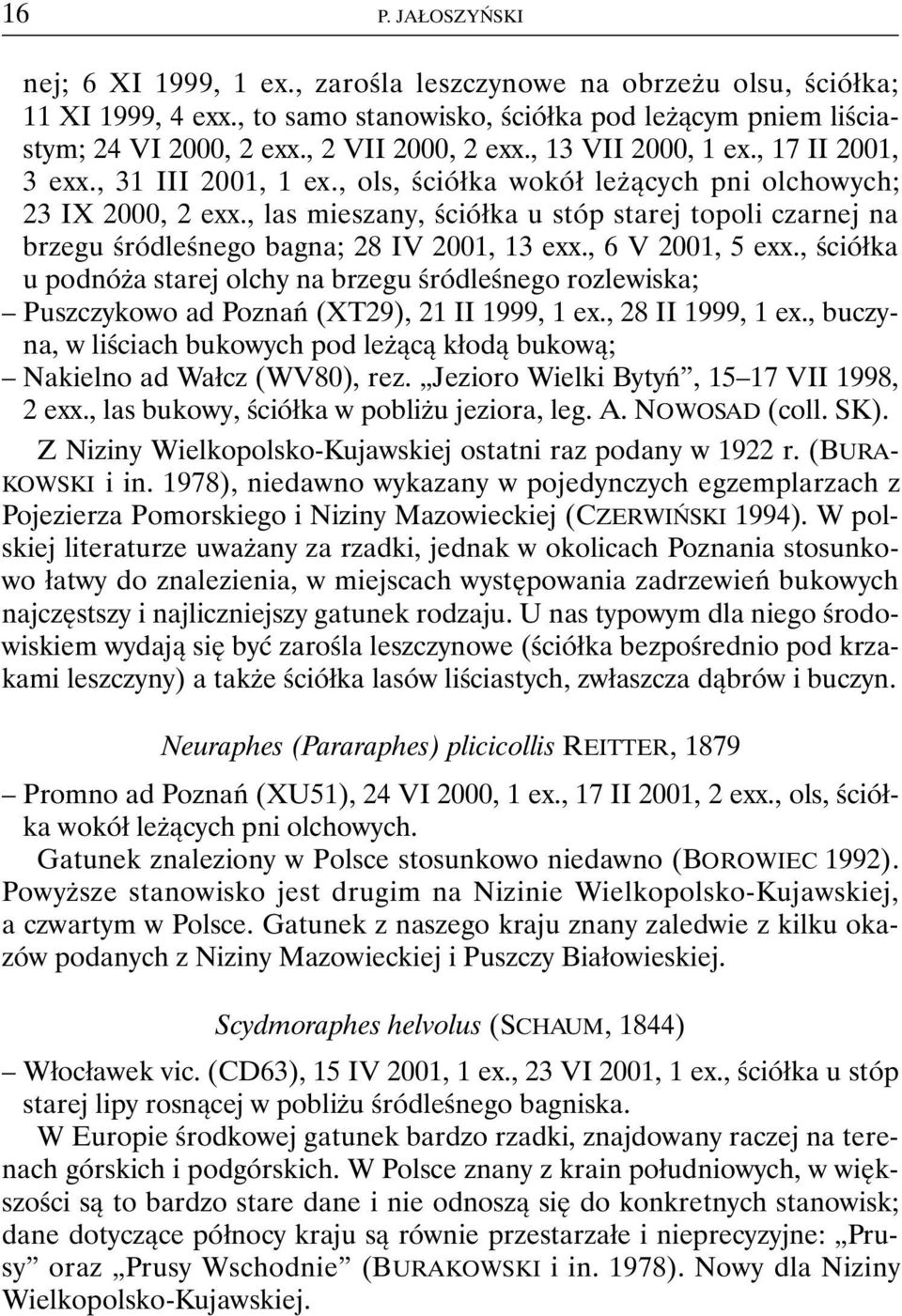 , las mieszany, ściółka u stóp starej topoli czarnej na brzegu śródleśnego bagna; 28 IV 2001, 13 exx., 6 V 2001, 5 exx.