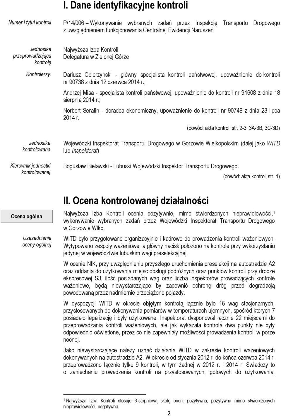 kontroli państwowej, upoważnienie do kontroli nr 90738 z dnia 12 czerwca 2014 r.; Andrzej Misa - specjalista kontroli państwowej, upoważnienie do kontroli nr 91608 z dnia 18 sierpnia 2014 r.