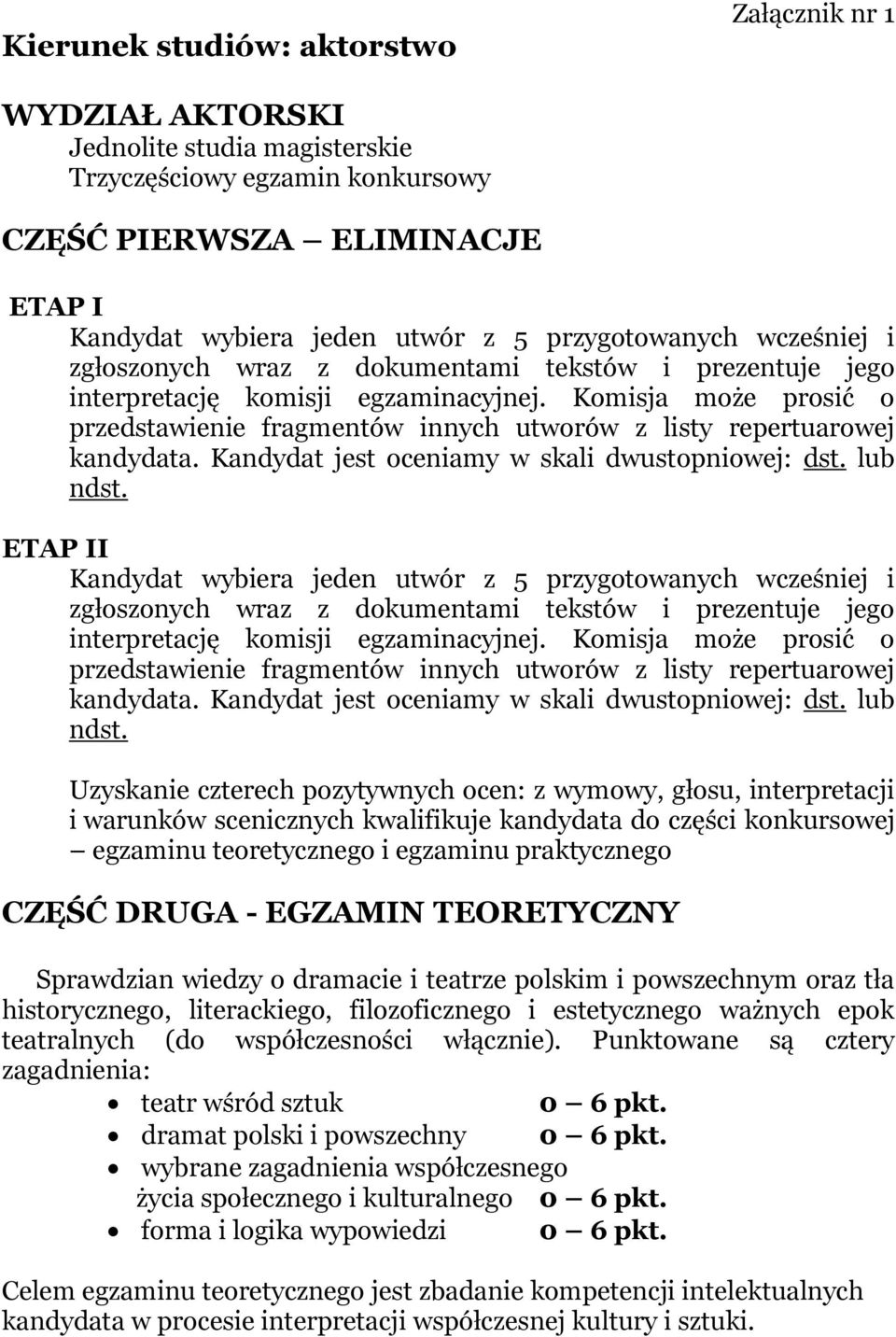 Komisja może prosić o przedstawienie fragmentów innych utworów z listy repertuarowej kandydata. Kandydat jest oceniamy w skali dwustopniowej: dst. lub ndst.