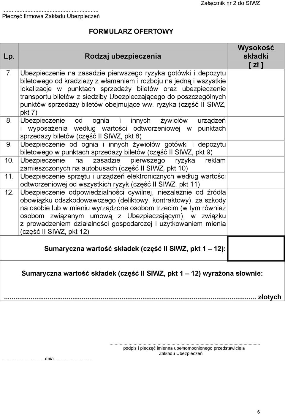 transportu biletów z siedziby Ubezpieczającego do poszczególnych punktów sprzedaŝy biletów obejmujące ww. ryzyka (część II SIWZ, pkt 7) 8.