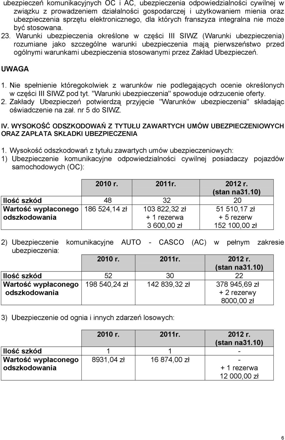 Warunki ubezpieczenia określone w części III SIWZ (Warunki ubezpieczenia) rozumiane jako szczególne warunki ubezpieczenia mają pierwszeństwo przed ogólnymi warunkami ubezpieczenia stosowanymi przez