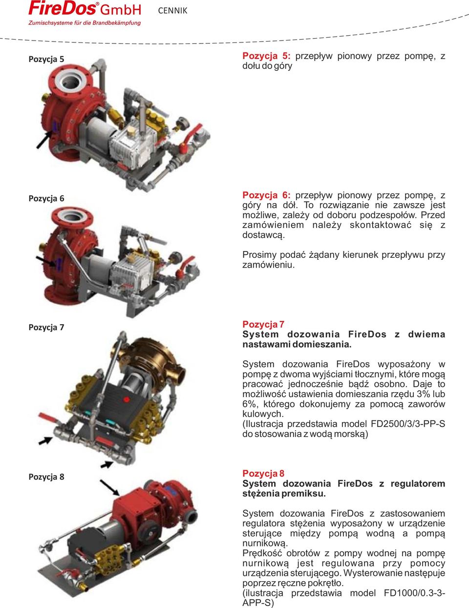 Pozycja 7 Pozycja 7 System dozowania FireDos z dwiema nastawami domieszania. System dozowania FireDos wyposażony w pompę z dwoma wyjściami tłocznymi, które mogą pracować jednocześnie bądź osobno.