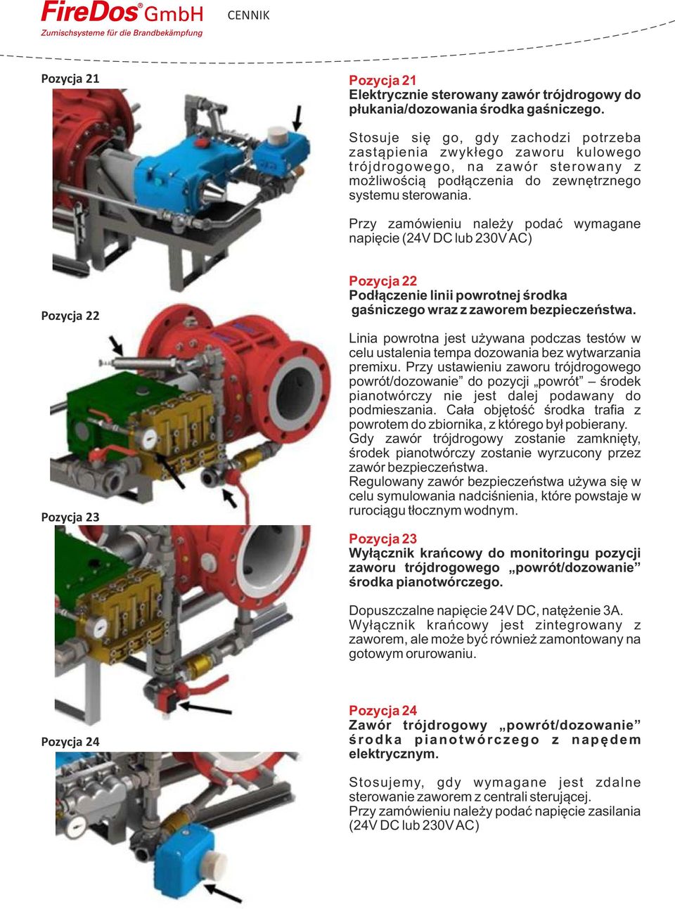 Przy zamówieniu należy podać wymagane napięcie (24V DC lub 230V AC) Pozycja 22 Pozycja 23 Pozycja 22 Podłączenie linii powrotnej środka gaśniczego wraz z zaworem bezpieczeństwa.