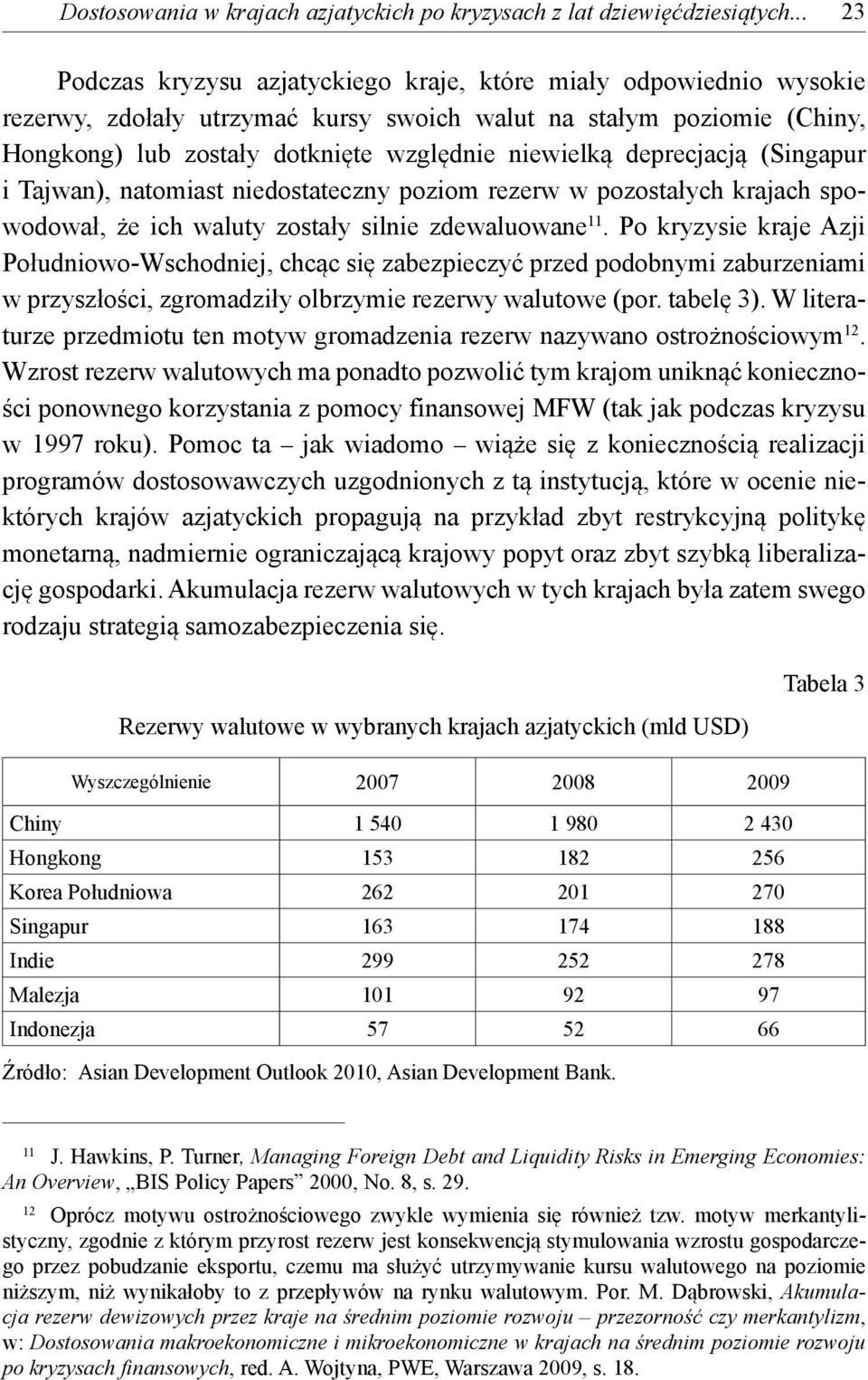 deprecjacją (Singapur i Tajwan), natomiast niedostateczny poziom rezerw w pozostałych krajach spowodował, że ich waluty zostały silnie zdewaluowane 11.