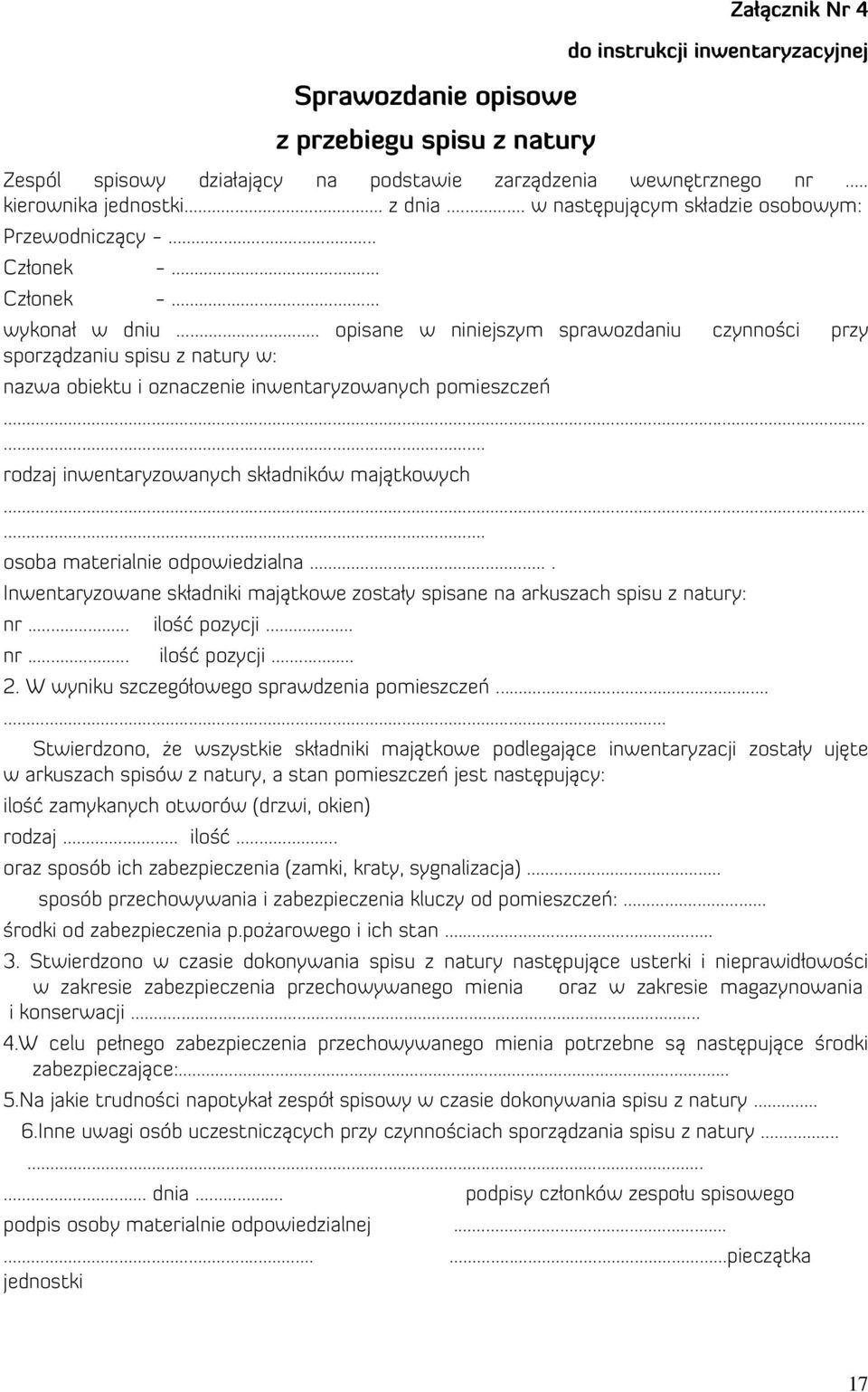 .. opisane w niniejszym sprawozdaniu czynności przy sporządzaniu spisu z natury w: nazwa obiektu i oznaczenie inwentaryzowanych pomieszczeń...... rodzaj inwentaryzowanych składników majątkowych.