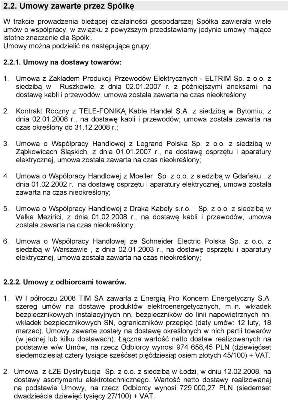 01.2007 r. z późniejszymi aneksami, na dostawę kabli i przewodów, umowa została zawarta na czas nieokreślony 2. Kontrakt Roczny z TELE-FONIKĄ Kable Handel S.A. z siedzibą w Bytomiu, z dnia 02.01.2008 r.