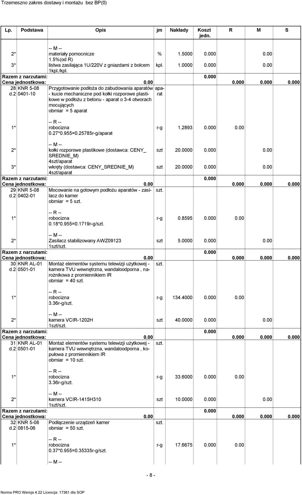 25785r-g/aparat r-g 1.2893 0.000 0.00 2* kołki rozporowe plastikowe (dostawca: CENY_ szt 20.0000 0.000 0.00 SREDNIE_M) 4szt/aparat 3* wkręty (dostawca: CENY_SREDNIE_M) szt 20.0000 0.000 0.00 4szt/aparat 29 KNR 5-08 d.