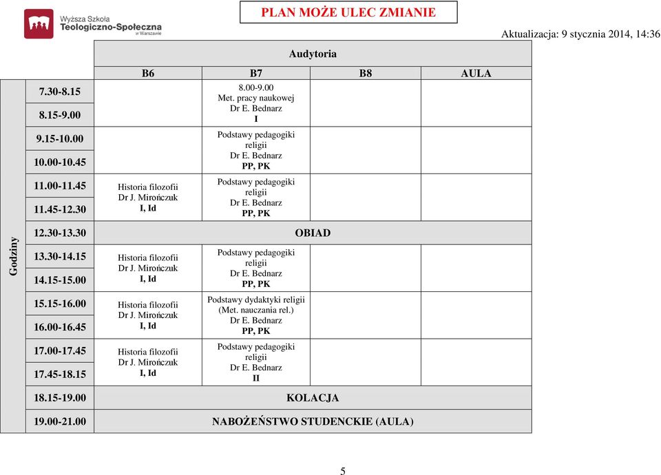 15 Historia filozofii, d 14.15-15.00 15.15-16.00 Historia filozofii, d 16.00-16.45 17.00-17.45 Historia filozofii, d 17.45-18.