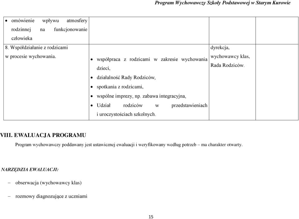 zabawa integracyjna, Udział rodziców w przedstawieniach i uroczystościach szkolnych. dyrekcja, wychowawcy klas, Rada Rodziców. VIII.