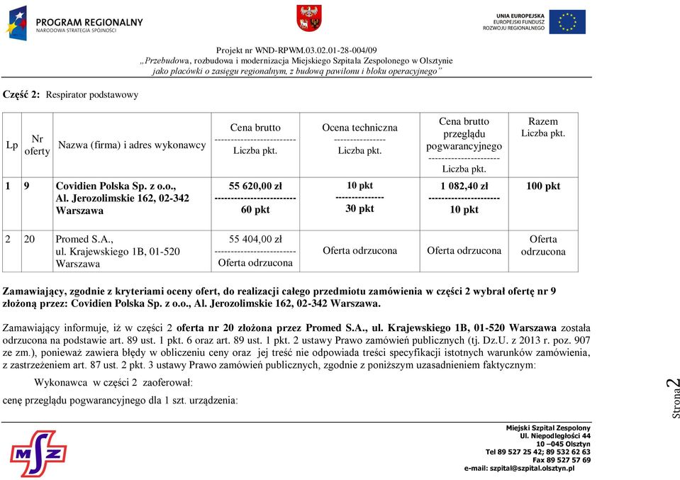 Krajewskiego 1B, 01-520 Warszawa 55 404,00 zł --------- Oferta odrzucona Oferta odrzucona Oferta odrzucona Oferta odrzucona Zamawiający, zgodnie z kryteriami oceny ofert, do realizacji całego