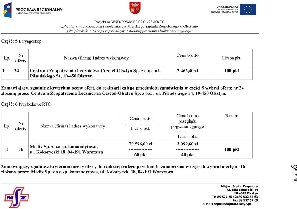 Zaopatrzenia Lecznictwa Cezetel-Olsztyn Sp. z o.o., ul. Piłsudskiego 54, 10-450 Olsztyn. Część: 6 Przyłóżkowe RTG --------- --------- Razem 1 16 Medix Sp. z o.o sp. komandytowa, ul.