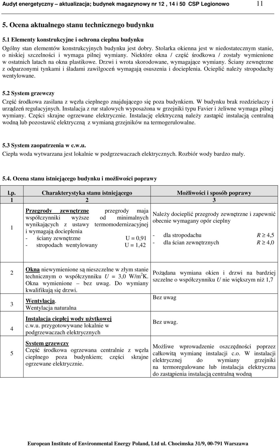 Stolarka okienna jest w niedostatecznym stanie, o niskiej szczelności i wymaga pilnej wymiany. Niektóre okna / część środkowa / zostały wymienione w ostatnich latach na okna plastikowe.