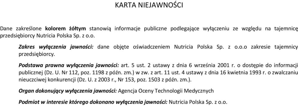 1198 z późn. zm.) w zw. z art. 11 ust. 4 ustawy z dnia 16 kwietnia 1993 r. o zwalczaniu nieuczciwej konkurencji (Dz. U. z 2003 r., Nr 153, poz. 1503 z późn. zm.). Organ dokonujący wyłączenia jawności: Agencja Oceny Technologii Medycznych Podmiot w interesie którego dokonano wyłączenia jawności: Nutricia Polska Sp.