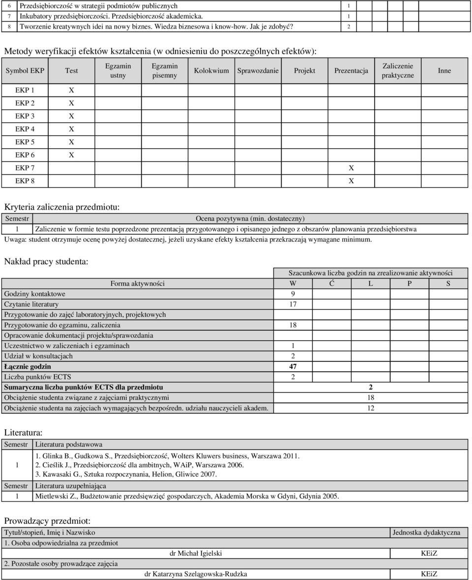 2 Metody weryfikacji efektów kształcenia (w odniesieniu do poszczególnych efektów): Test ustny pisemny Kolokwium Sprawozdanie Projekt Prezentacja Zaliczenie praktyczne Inne EKP X EKP 2 X EKP 3 X EKP