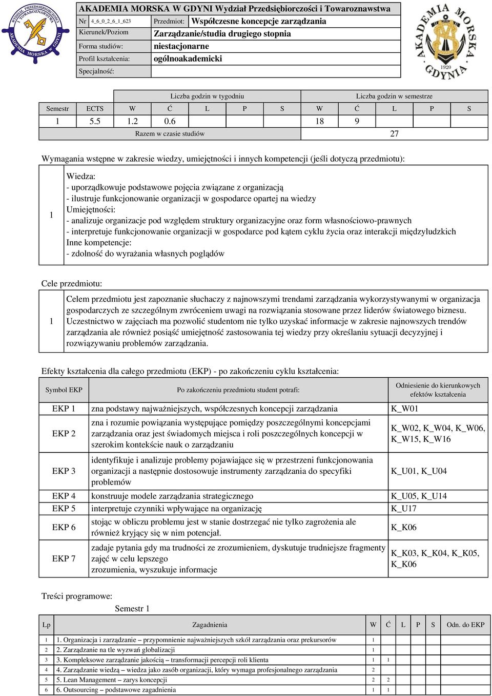 6 8 9 Razem w czasie studiów 27 Wymagania wstępne w zakresie wiedzy, umiejętności i innych kompetencji (jeśli dotyczą przedmiotu): Wiedza: - uporządkowuje podstawowe pojęcia związane z organizacją -