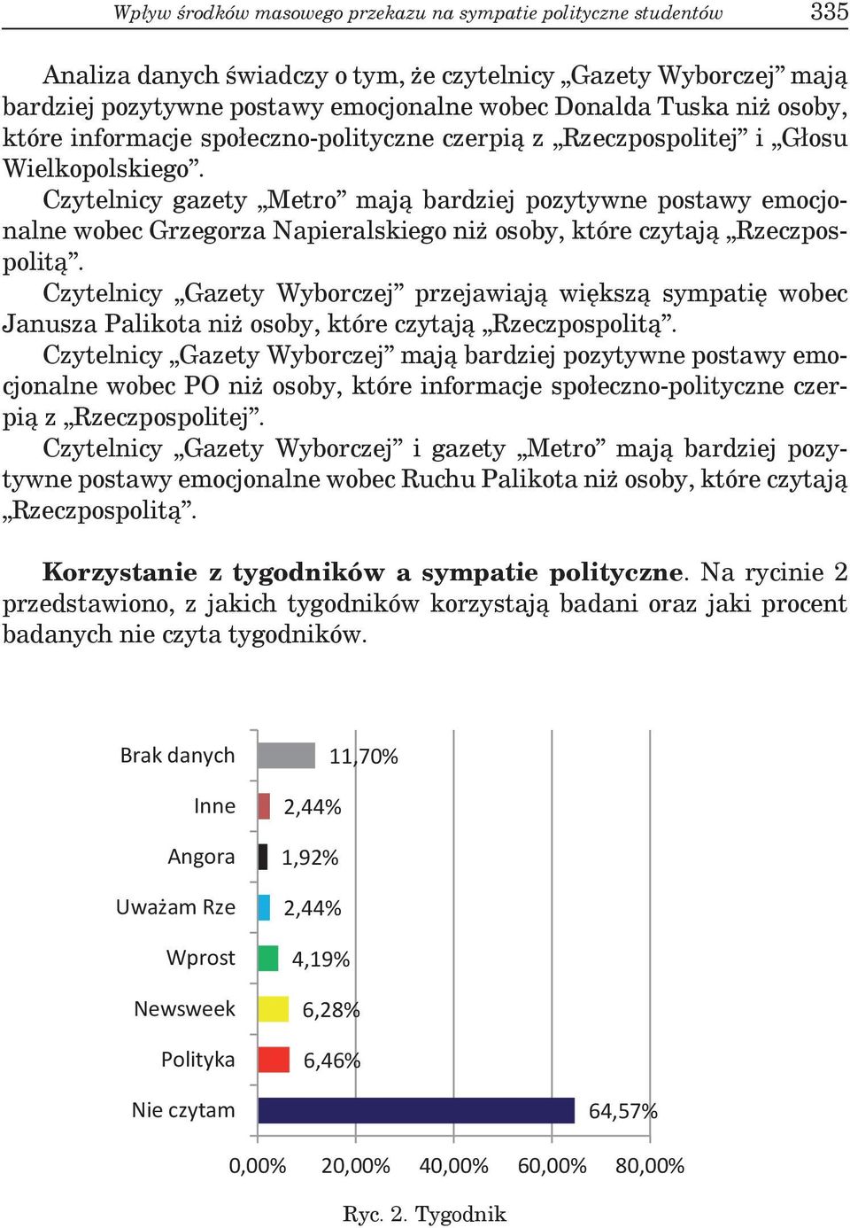 Czytelnicy gazety Metro mają bardziej pozytywne postawy emocjonalne wobec Grzegorza Napieralskiego niż osoby, które czytają Rzeczpospolitą.