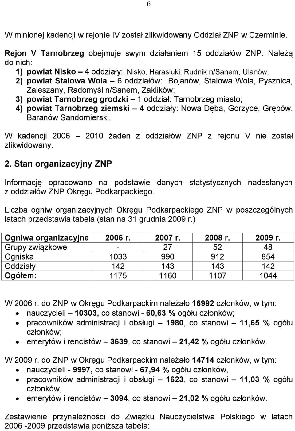 powiat Tarnobrzeg grodzki 1 oddział: Tarnobrzeg miasto; 4) powiat Tarnobrzeg ziemski 4 oddziały: Nowa Dęba, Gorzyce, Grębów, Baranów Sandomierski.