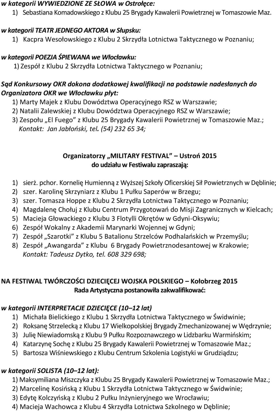 Lotnictwa Taktycznego w Poznaniu; Sąd Konkursowy OKR dokona dodatkowej kwalifikacji na podstawie nadesłanych do Organizatora OKR we Włocławku płyt: 1) Marty Majek z Klubu Dowództwa Operacyjnego RSZ w