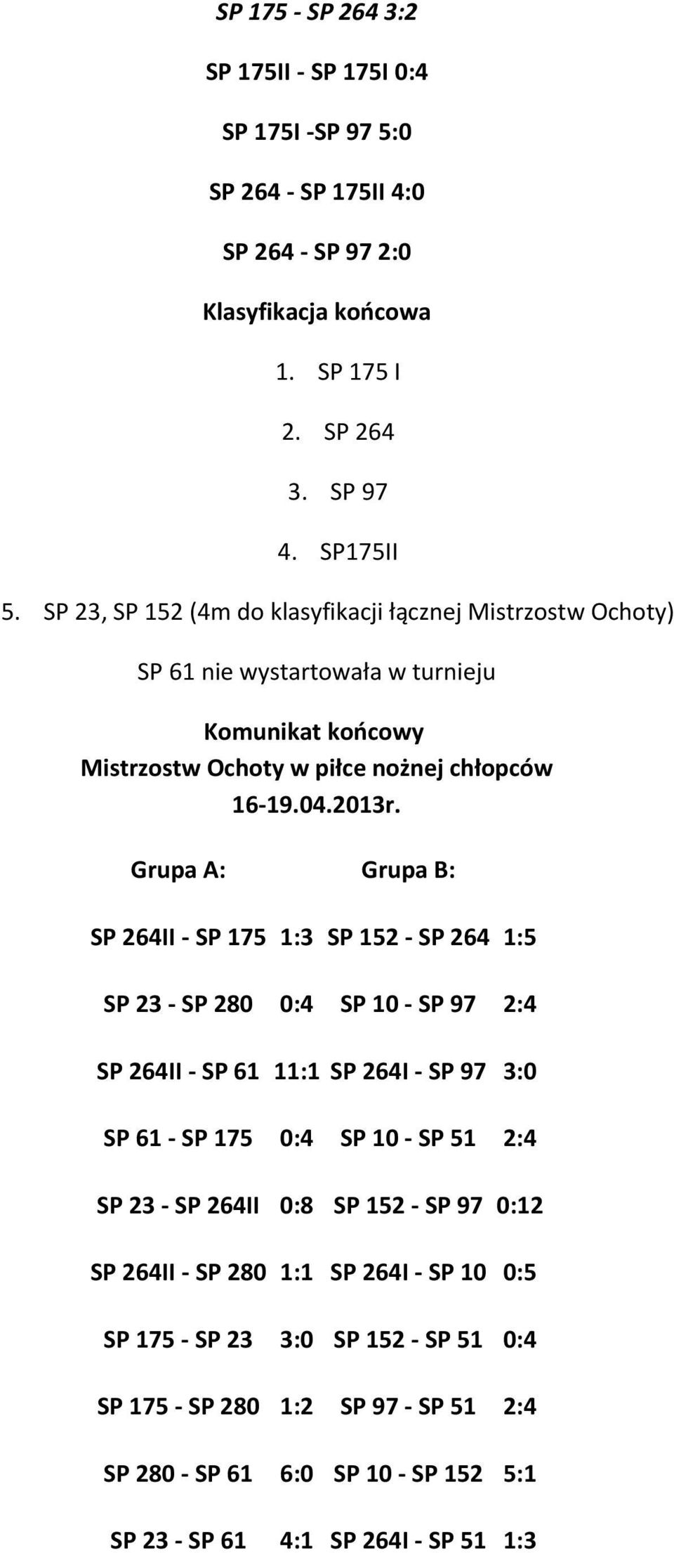 Grupa A: Grupa B: SP 264II - SP 175 1:3 SP 152 - SP 264 1:5 SP 23 - SP 280 0:4 SP 10 - SP 97 2:4 SP 264II - SP 61 11:1 SP 264I - SP 97 3:0 SP 61 - SP 175 0:4 SP 10 - SP 51 2:4 SP 23 - SP