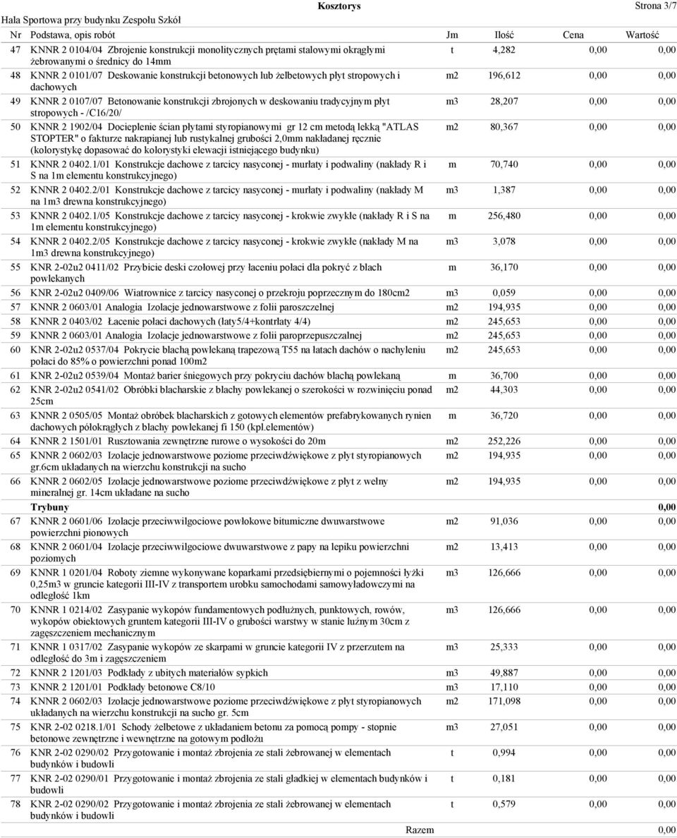m3 28,207 0,00 0,00 stropowych - /C16/20/ 50 KNNR 2 1902/04 Docieplenie ścian płytami styropianowymi gr 12 cm metodą lekką "ATLAS m2 80,367 0,00 0,00 STOPTER" o fakturze nakrapianej lub rustykalnej