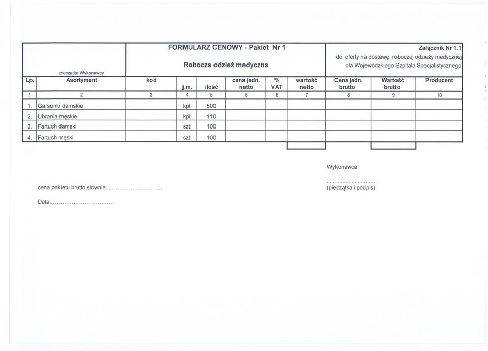 pieczatkawykonawcy Lp. Asortyment kod cena jedno % wartosc Cena jedno Wartosc Producent j.m. ilosc netto VAT netto brutto brutto 1 2 3 4 5 6 6 7 8 9 10 1.