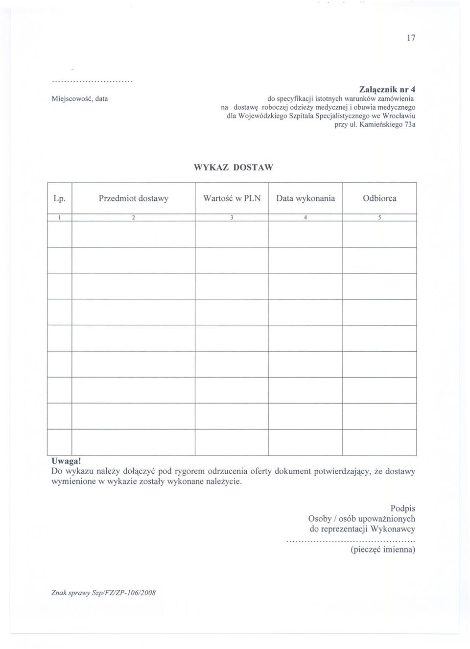 Przedmiot dostawy Wartosc w PLN Data wykonania Odbiorca l 2 3 4 5 Uwaga!