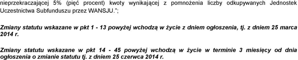 Zmiany statutu wskazane w pkt 14-45 powyżej wchodzą w życie w