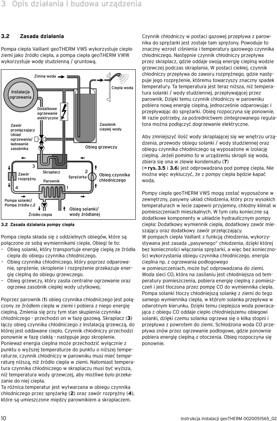 Instalacja ogrzewania Zawór przełączający Układ ogrzewania/ ładowanie zasobnika 4 3 Zawór rozprężny Pompa solanki/ Pompa źródła c.