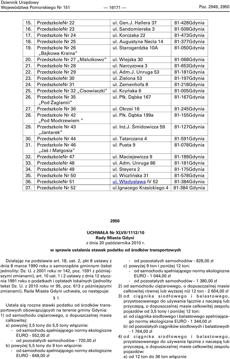 Wiejska 30 81-068Gdynia 21. Przedszkole Nr 28 ul. Narcyzowa 3 81-653Gdynia 22. Przedszkole Nr 29 ul. Adm.J. Unruga 53 81-181Gdynia 23. PrzedszkoleNr 30 ul. Zielona 53 81-197Gdynia 24.