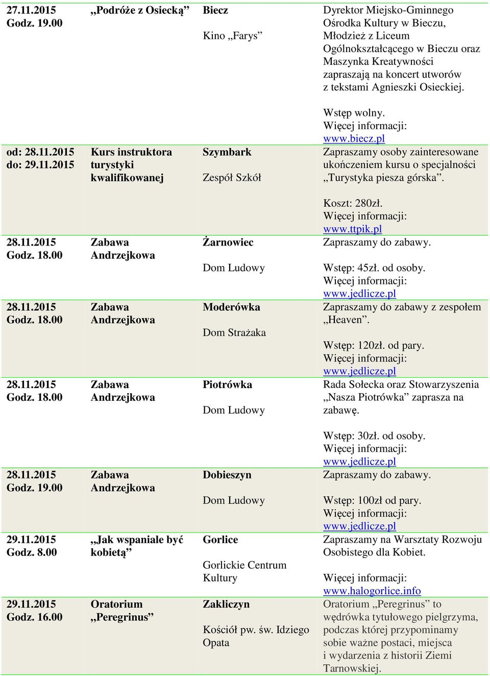 Osieckiej. od: 28.11.2015 do: 29.11.2015 Kurs instruktora turystyki kwalifikowanej Szymbark Zespół Szkół Wstęp wolny. www.biecz.