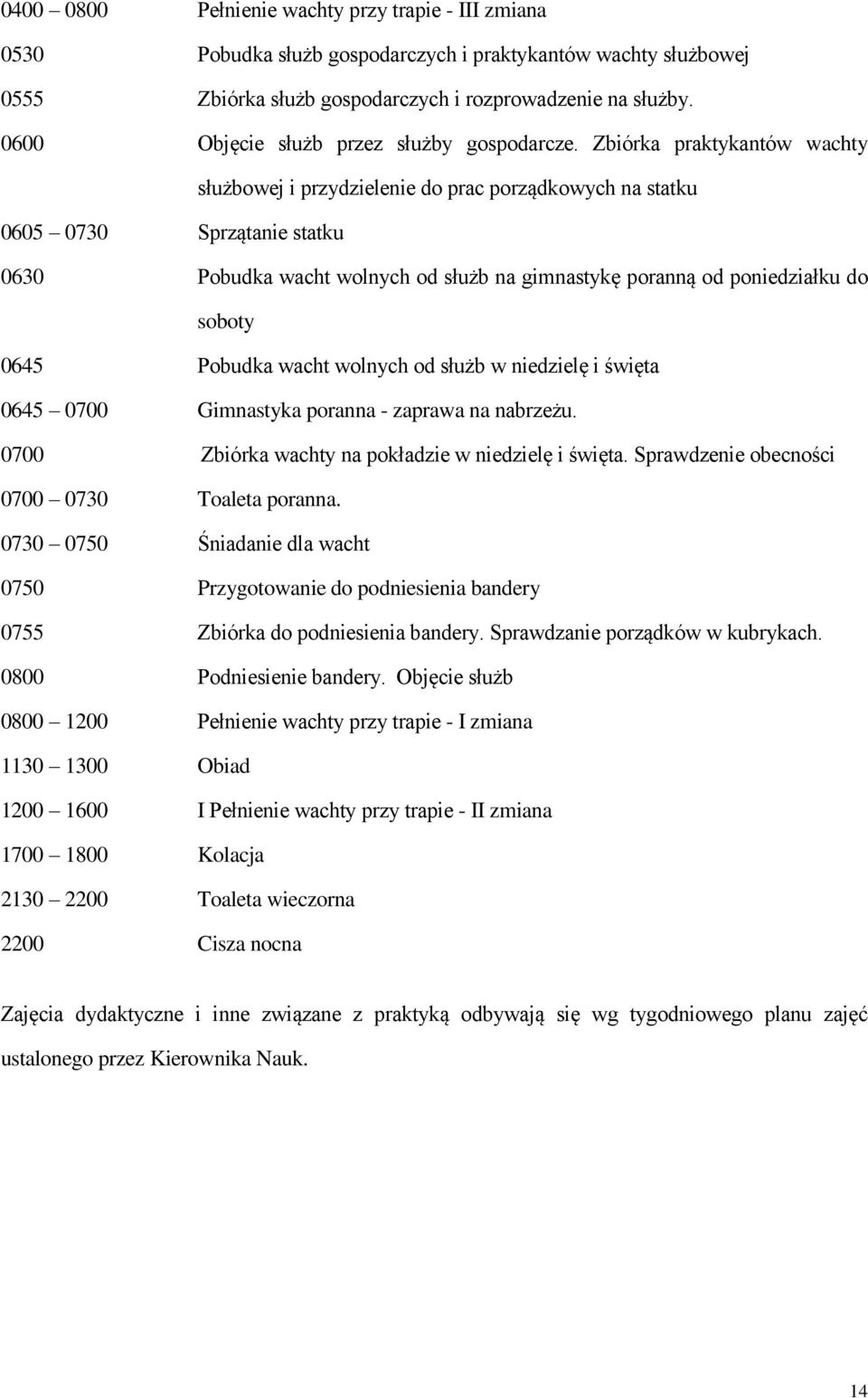 Zbiórka praktykantów wachty służbowej i przydzielenie do prac porządkowych na statku 0605 0730 Sprzątanie statku 0630 Pobudka wacht wolnych od służb na gimnastykę poranną od poniedziałku do soboty