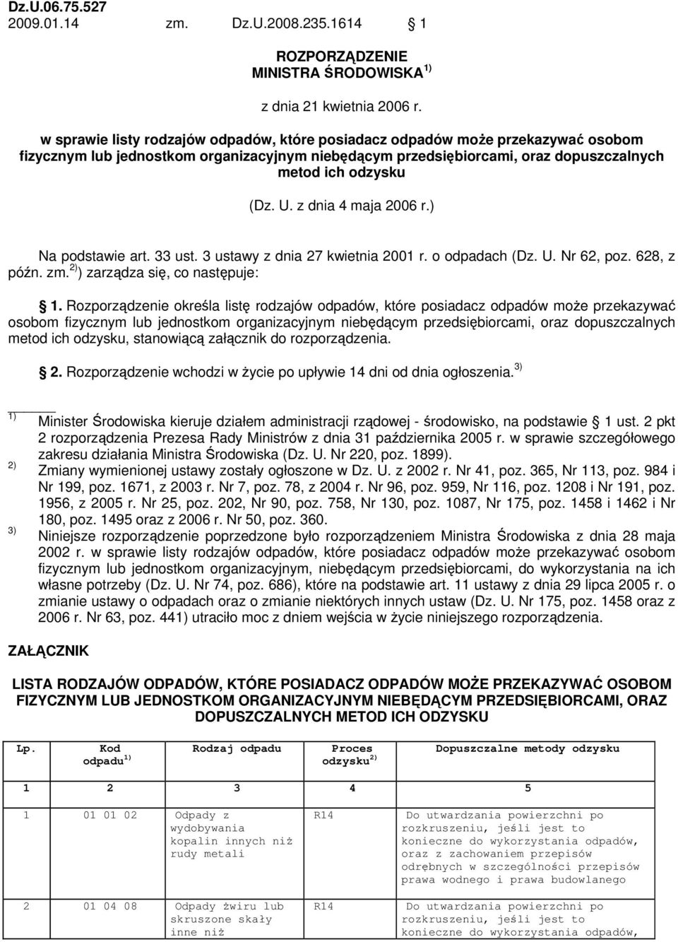 z dnia 4 maja 2006 r.) Na podstawie art. 33 ust. 3 ustawy z dnia 27 kwietnia 2001 r. o odpadach (Dz. U. Nr 62, poz. 628, z późn. zm. 2) ) zarządza się, co następuje: 1.