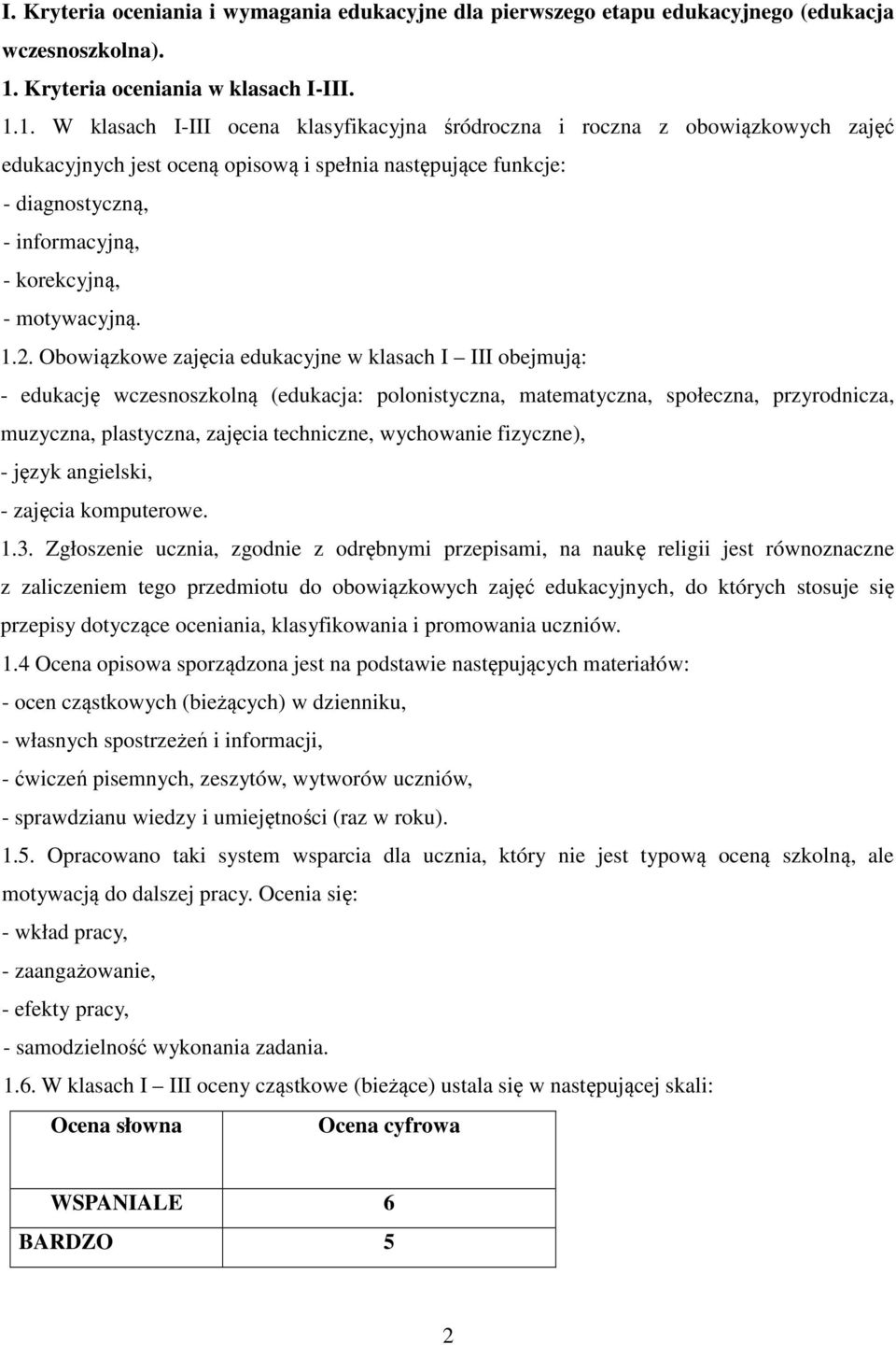 1. W klasach I-III ocena klasyfikacyjna śródroczna i roczna z obowiązkowych zajęć edukacyjnych jest oceną opisową i spełnia następujące funkcje: - diagnostyczną, - informacyjną, - korekcyjną, -